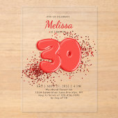 Rode 30ste ballonnen Confetti Acryl Uitnodigingen (Voorkant)
