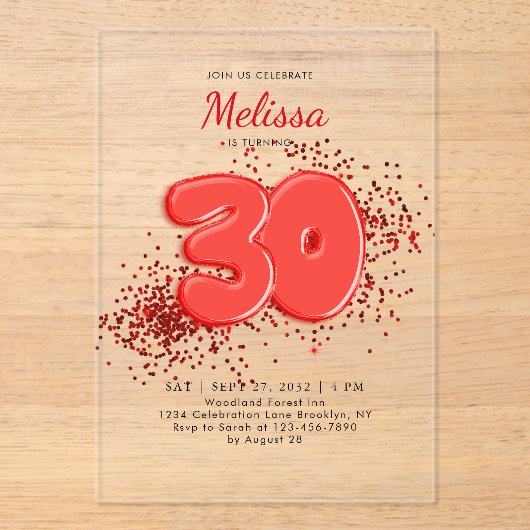 Rode 30ste ballonnen Confetti Acryl Uitnodigingen (Voorkant)