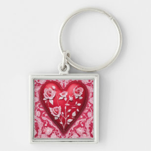 Rode 3d hart rozen bloemenkantpatroon sleutelhanger