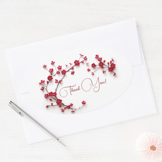 Rode 3D Kersenbloesems Wit Bedankt Ovale Sticker (Envelop)