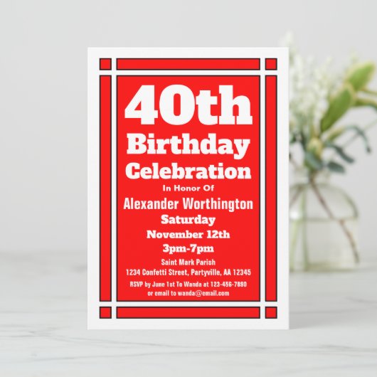 Rode 40e verjaardag kaart (Staand voorkant)