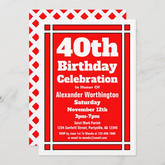 Rode 40e verjaardag kaart (Voorkant / Achterkant)