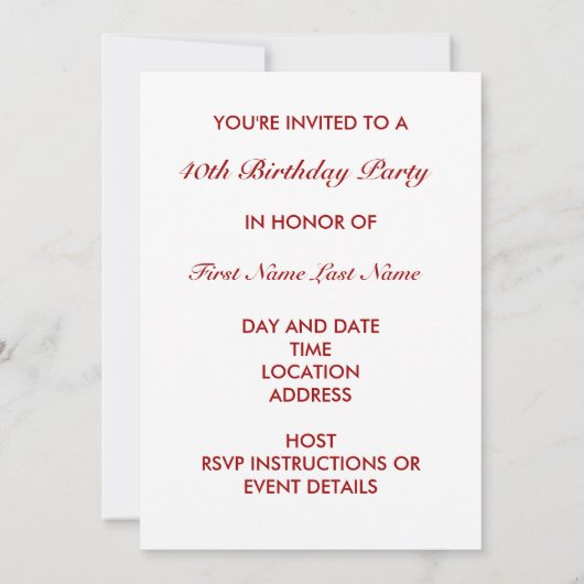 Rode 40ste verjaardag uitnodiging (Achterkant)