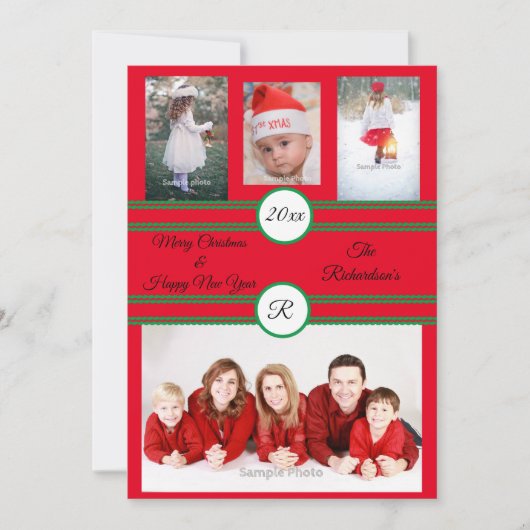 Rode 4 foto gepersonaliseerde kerstkaart (Voorkant)