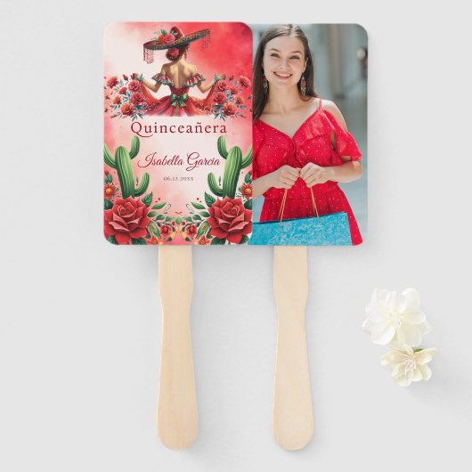 Rode Aangepaste Foto Mexicaanse Stijl Quinceañera Handwaaier (Voorkant en achterkant)