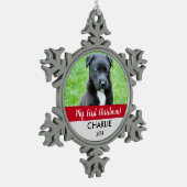 Rode Aangepaste Hond Foto Puppy's Eerste Kerstmis Tin Sneeuwvlok Ornament (Links)