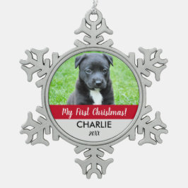 Rode Aangepaste Hond Foto Puppy's Eerste Kerstmis Tin Sneeuwvlok Ornament