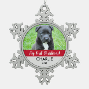 Rode Aangepaste Hond Foto Puppy's Eerste Kerstmis Tin Sneeuwvlok Ornament
