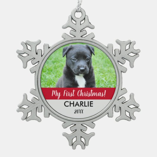 Rode Aangepaste Hond Foto Puppy's Eerste Kerstmis Tin Sneeuwvlok Ornament (Voorkant)
