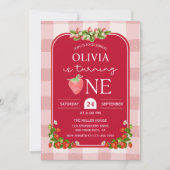 Rode Aardbei 1e Verjaardag Meisje Party Kaart (Voorkant)