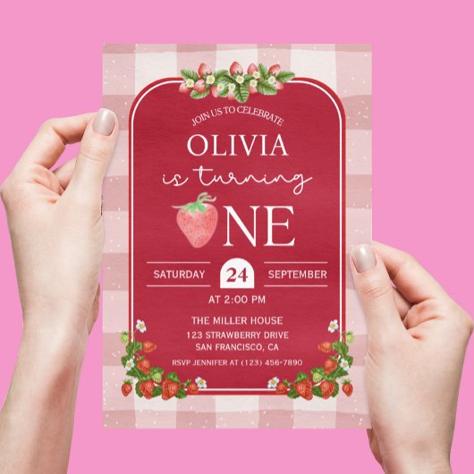Rode Aardbei 1e Verjaardag Meisje Party Kaart