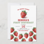 Rode aardbei bessen zoet 1e verjaardag uitnodiging (Voorkant)