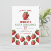 Rode aardbei bessen zoet 1e verjaardag uitnodiging (Staand voorkant)