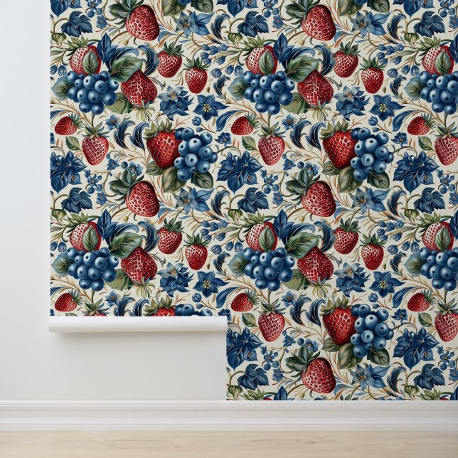 Rode Aardbei & Blauwe Blueberry Boerderij Stijl Behang (Applicatie)