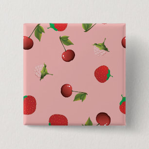 Rode Aardbei en Kerspatroon Roze Fruit Vierkante Button 5,1 Cm