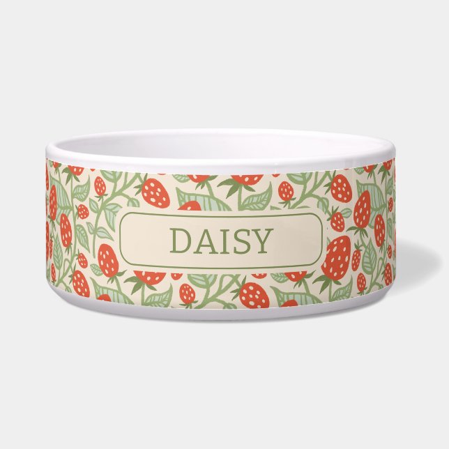 Rode aardbei & groene bladeren patroon voerbakje (Voorkant)