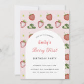 Rode Aardbei Meisje 1e Verjaardag Party Kaart (Voorkant)