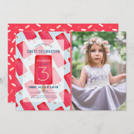 Rode Aardbei Popsicle Meisje Foto Verjaardag Kaart