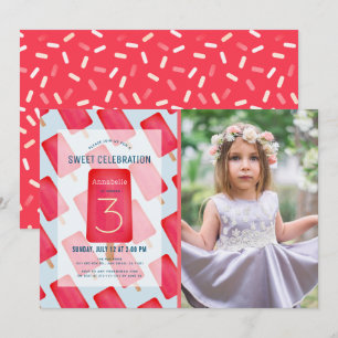 Rode Aardbei Popsicle Meisje Foto Verjaardag Kaart