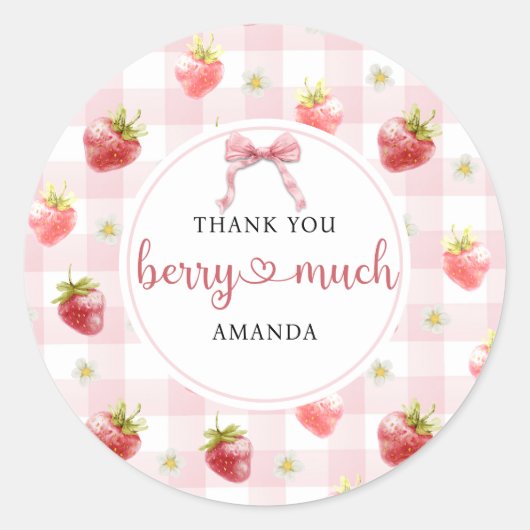Rode Aardbei Roze Geruite Hartelijk Dank Beertje V Ronde Sticker (Voorkant)