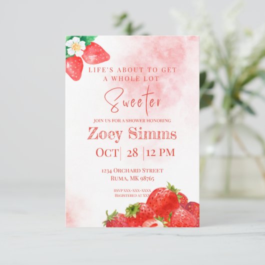 Rode aardbei thema douche uitnodigen kaart (Staand voorkant)