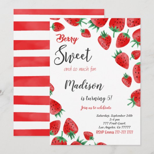 Rode Aardbei Verjaardagsuitnodiging Kaart (Voorkant / Achterkant)