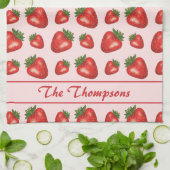 Rode aardbei vrucht patroon op roze met tekst theedoek (Gevouwen)