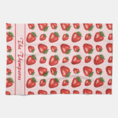 Rode aardbei vrucht patroon op roze met tekst theedoek (Horizontaal)