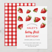 Rode Aardbei Waterverf Berry 1e Baby Verjaardag Kaart (Voorkant / Achterkant)