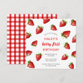Rode Aardbei Waterverf Berry 1e Baby Verjaardag Kaart (Voorkant / Achterkant)