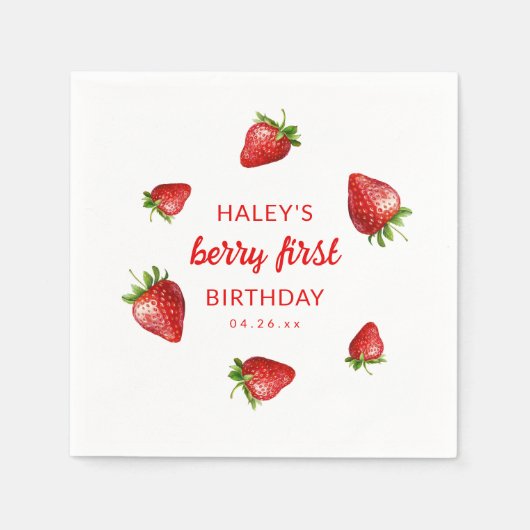 Rode Aardbei Waterverf Berry 1e Baby Verjaardag Servet (Voorkant)