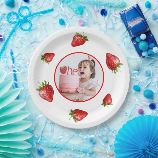 Rode aardbei Waterverf Berry 1e foto Verjaardag Papieren Bordje (Feest)