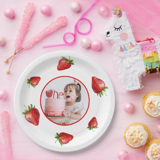 Rode aardbei Waterverf Berry 1e foto Verjaardag Papieren Bordje (Feest)