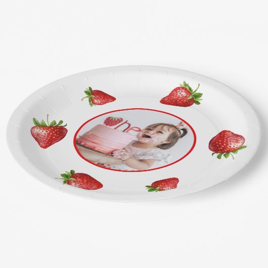 Rode aardbei Waterverf Berry 1e foto Verjaardag Papieren Bordje (Gekanteld)