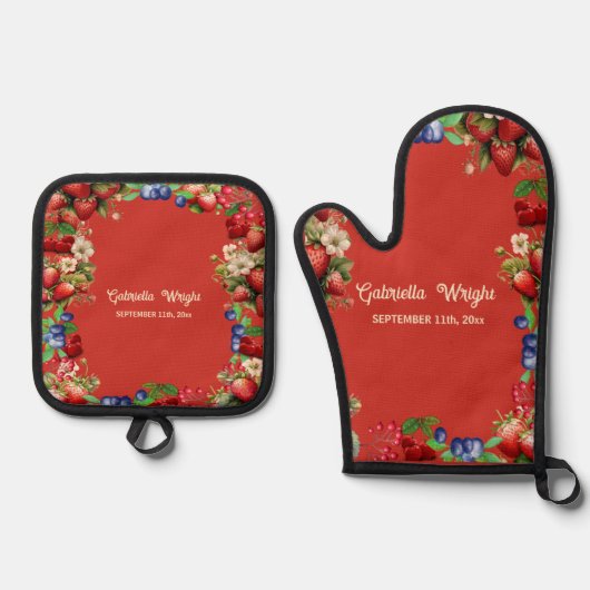 Rode aardbei zomer fruit zeer bessenblauw zoet ovenwant & pannenlap set (Voorkant)