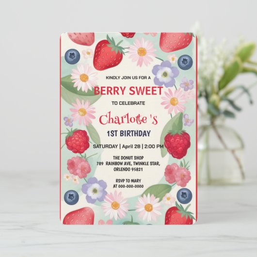 Rode aardbeien 1e verjaardagsfeestje voor kinderen kaart (Staand voorkant)