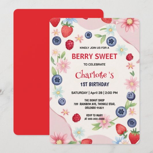 Rode aardbeien 1e verjaardagsfeestje voor kinderen kaart (Voorkant / Achterkant)