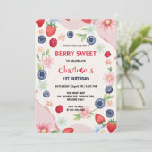Rode aardbeien 1e verjaardagsfeestje voor kinderen kaart (Staand voorkant)