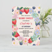 Rode aardbeien 1e verjaardagsfeestje voor kinderen kaart (Staand voorkant)