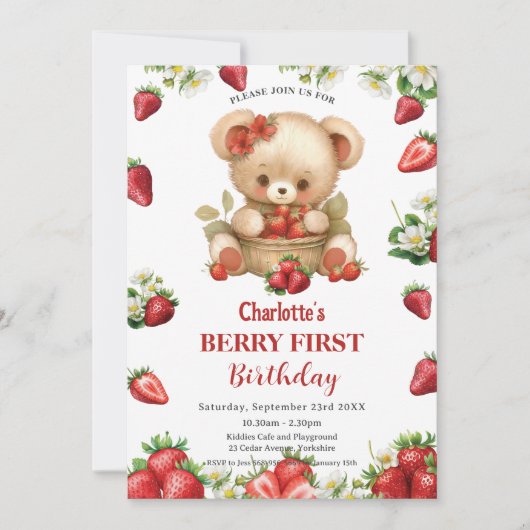 Rode Aardbeien Beer Eerste 1e Verjaardag  Kaart (Voorkant)