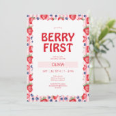 Rode Aardbeien Bes Eerst 1e Verjaardagsfeestje Kaart (Staand voorkant)