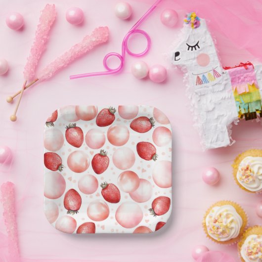 Rode aardbeien en roze ballonnen Elegant Leuk Papieren Bordje (Feest)