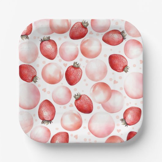 Rode aardbeien en roze ballonnen Elegant Leuk Papieren Bordje (Voorkant)