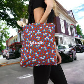 Rode aardbeien en witte bloemen op marine tote bag