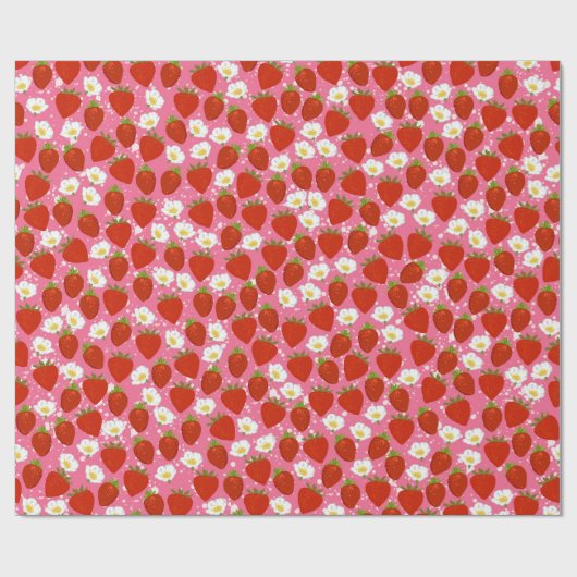 Rode aardbeien en witte bloemen Roze en Wit Cadeaupapier (Vlak)