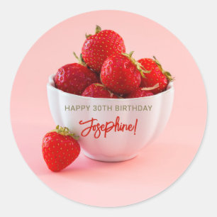 Rode Aardbeien Foto Op Roze Gelukkige Verjaardag Ronde Sticker