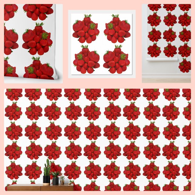 Rode Aardbeien Fotografisch Botanisch Wit Behang (Creator heeft geüpload)