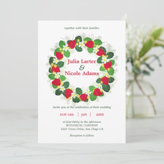 Rode aardbeien fruit bloemen bladeren bruiloft kaart (Staand voorkant)