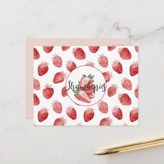 Rode Aardbeien Fruit Briefkaart (Voorkant / Achterkant in situ)