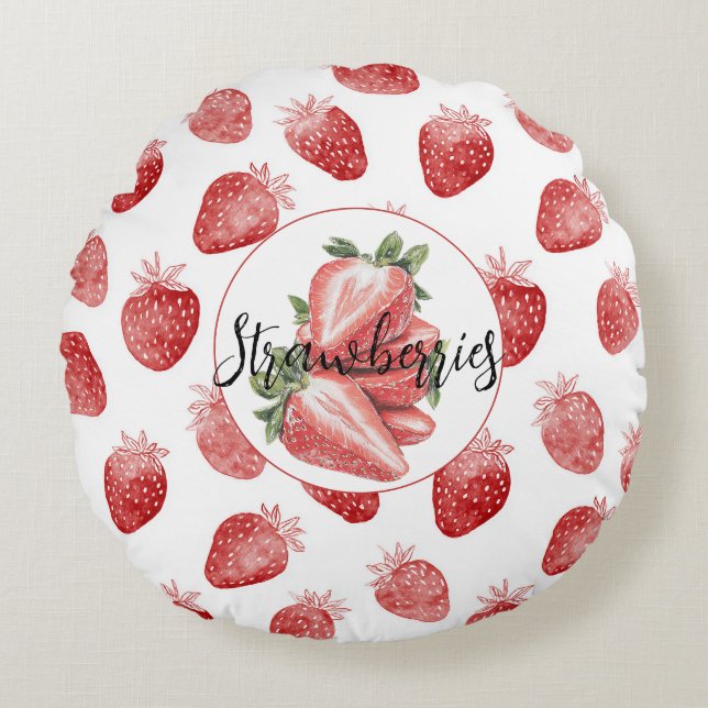 Rode Aardbeien Fruit   Rond Kussen (Voorkant)
